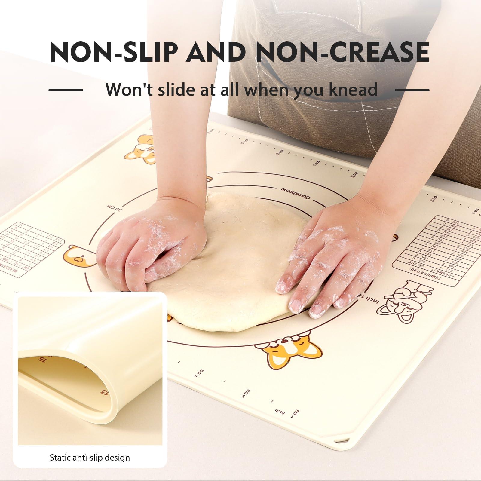 Silicone Baking Mat with Dough Cutter, Ourokhome 20'' X 16" Extra Thick Kneading Rolling mat with Measurement and Conversion Chart for Pastry, Pasta, Pizza, Fondant, Bread, Cookies (Beige) - CookCave