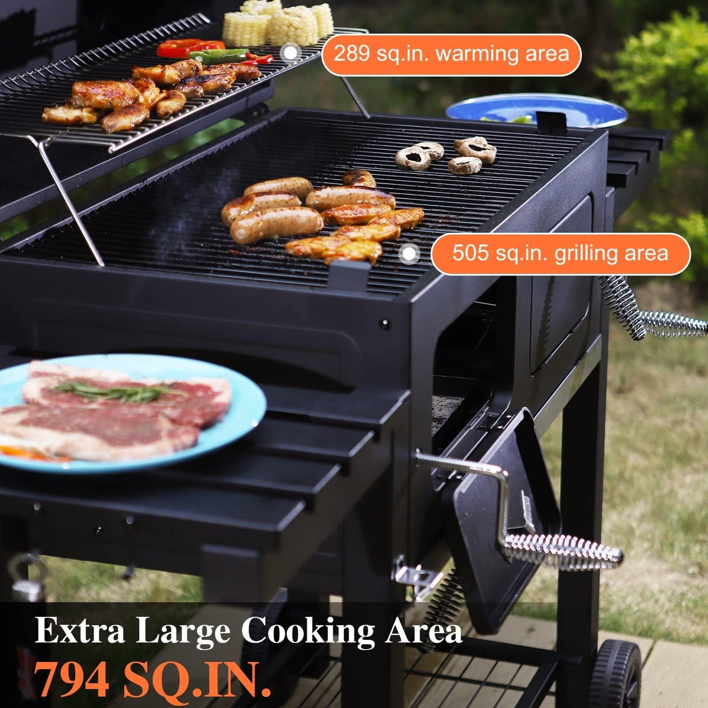 Sophia & William Extra Large Charcoal BBQ Grills with 794 SQ.IN. Cooking Area, Outdoor Barbecue Grill with Dual-Zone Individual & Adjustable Charcoal Tray and 2 Foldable Side Table, Black - CookCave