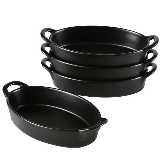 Bruntmor 8" x 5" Oval Porcelain Ceramic Deep Dish Pie Pan Set of 4, Double Handle Au Gratin Baking Dishes, Oven Safe Roasting Lasagna Pan For kitchen- Black - CookCave