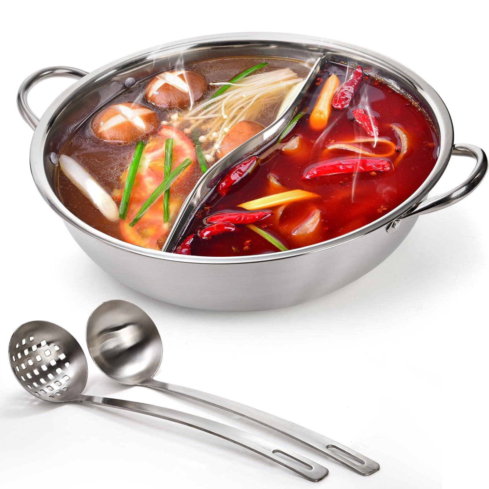 Peohud Stainless Steel Hot Pot with Divider, 12 Inches Double-flavor Shabu Shabu Pot with Ladle and Slotted Spoon, Dual Sided Soup Cookware for Induction Cooktop Gas Stove - CookCave