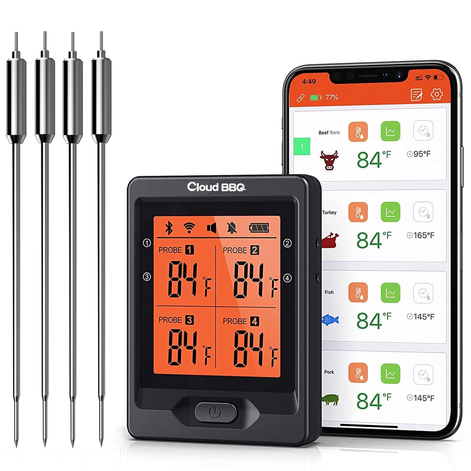 Cloud BBQ 500FT Wireless Meat Thermometer, Smart Rechargeable BBQ Thermometer with Four Probes, Bluetooth Meat Thermometer for Somker, Oven,Grilling, Cooking Turkey Fish Beef (FS-66) - CookCave