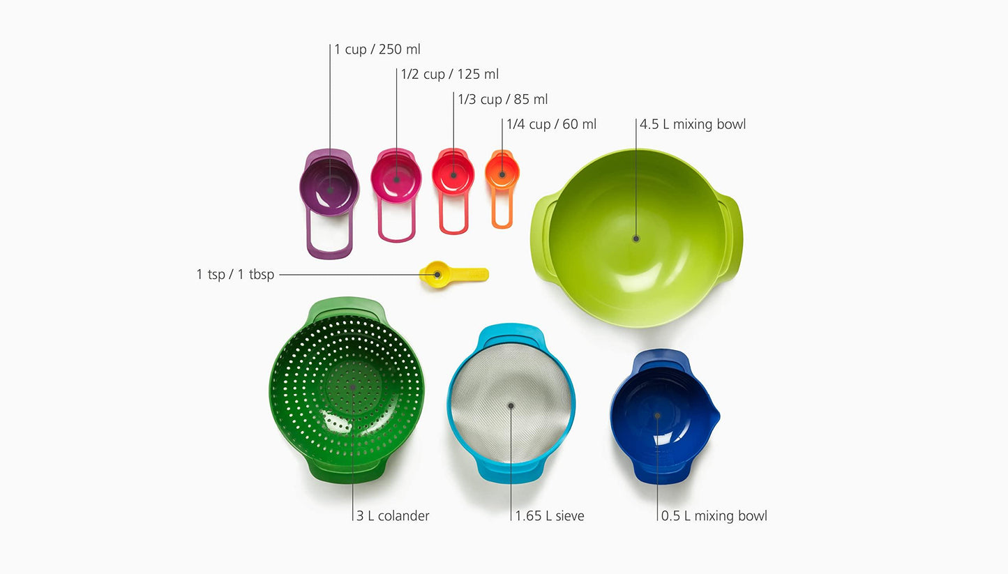 Joseph Joseph Nest 9 Plus, 9 Piece Compact Food Preparation Set with Mixing Bowls, Measuring cups, Sieve and Colander, MultiColor - CookCave
