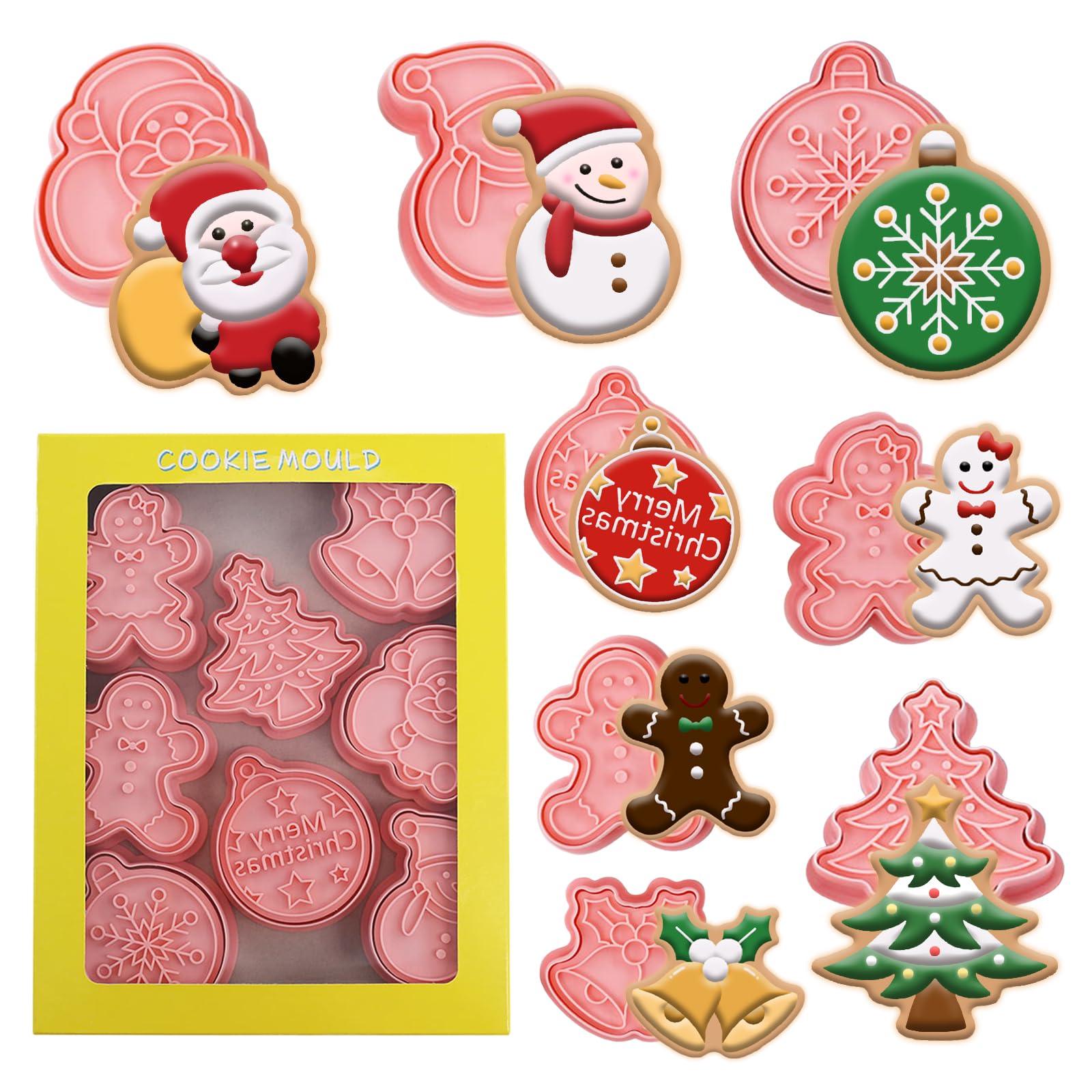 Christmas Cookie Cutters Set 8 Pcs Cookie Stamps with Gingerbread Man Christmas Tree Snowman Santa Claus Jingle Bell Snowflake Shapes 3D Mini Christmas Cookie Molds for Baking Supplies - CookCave