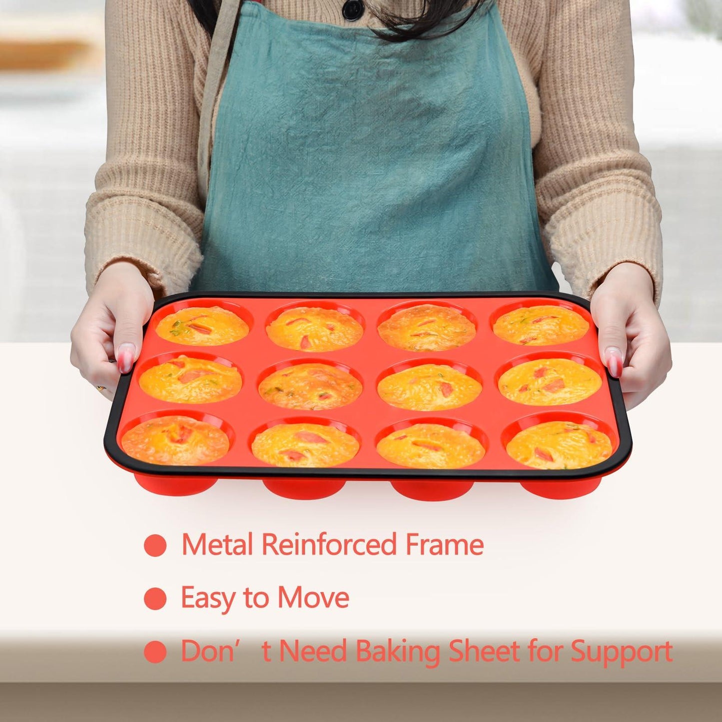 CAKETIME Muffin Pan, Silicone Cupcake Pan Metal Reinforced Frame 12 Cups Regular Silicone Muffin Tray Nonstick BPA Free 2 Pack - CookCave