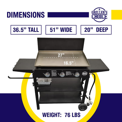 Griller's Choice Outdoor Griddle Grill Propane Gas Flat Top - Hood Included, 4 Shelves, Disposable Grease Cups, 36,000 BTU's, Large Cooking Area, Paper Towel Holder. - CookCave