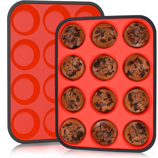 CAKETIME Muffin Pan, Silicone Cupcake Pan Metal Reinforced Frame 12 Cups Regular Silicone Muffin Tray Nonstick BPA Free 2 Pack - CookCave
