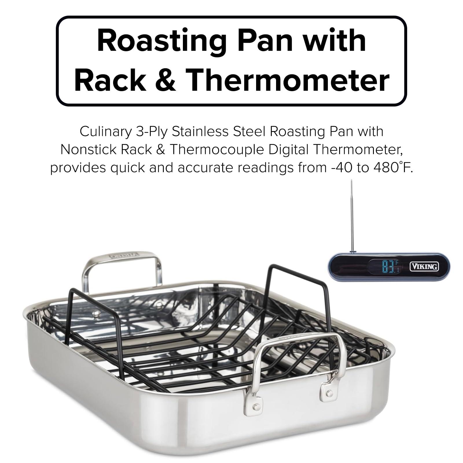 Viking Culinary 3-Ply Stainless Steel Roasting Pan and Rack with BONUS Instant Read Thermocouple Probe Thermometer, 16" x 13" x 3", Silver, Medium - CookCave