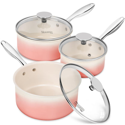 MICHELANGELO Sauce Pan with Lid, Ceramic Saucepan Set, 1Qt & 2Qt & 3Qt Sauce Pan Sets, Nonstick Saucepans with Stainless Steel Handle, Oven Safe, Pink - CookCave