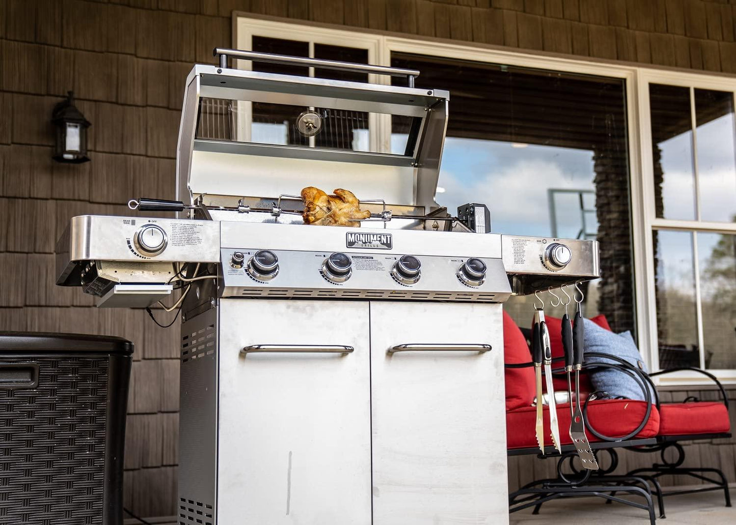 Monument Grills Larger 4-Burner Propane Gas Grills Stainless Steel Cabinet Style with Side & Infrared Side Sear Burners with Stainless Steel Rotisserie Kit(2 Items) - CookCave