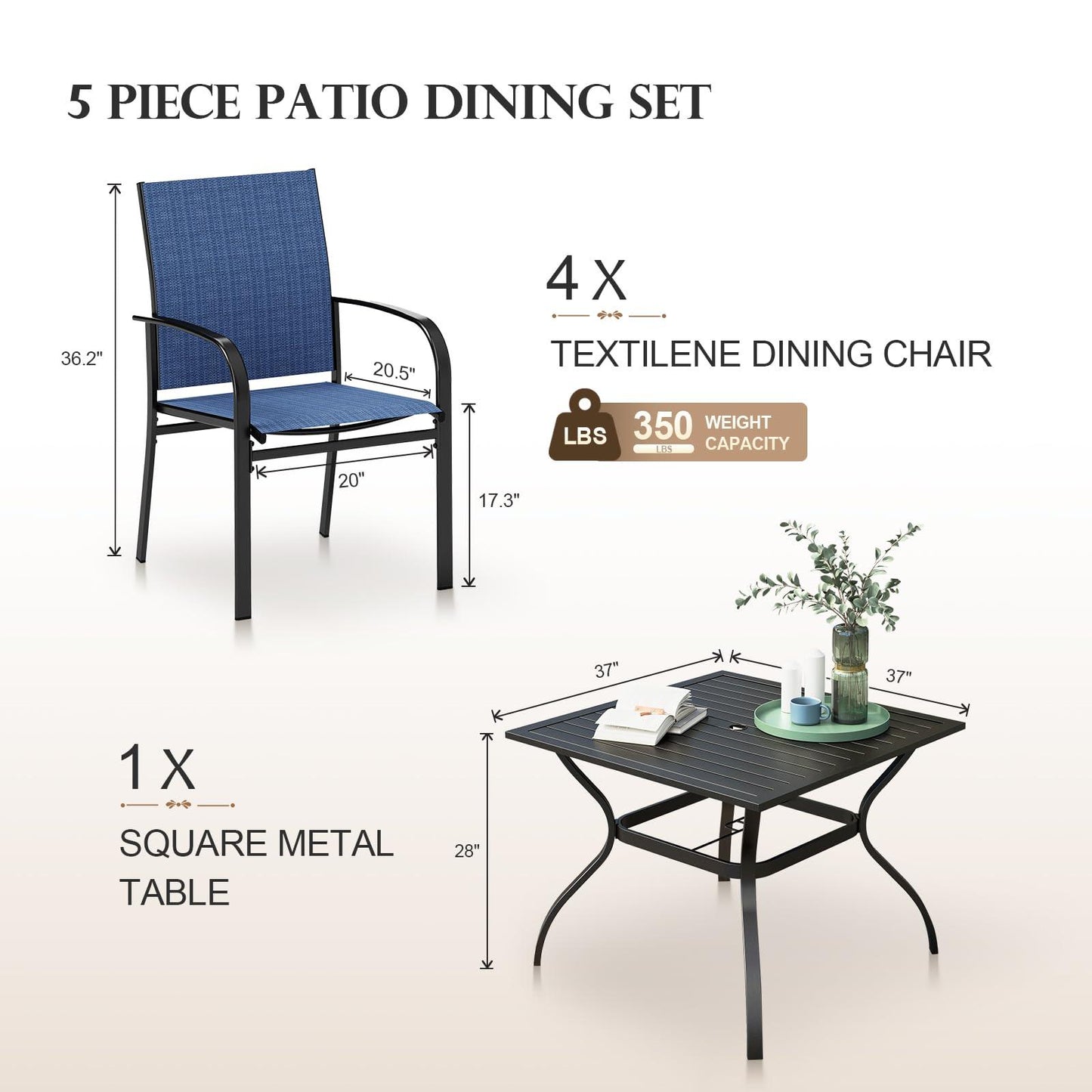 HERA'S HOUSE 5 Pieces Patio Dining Set, Outdoor Table and Chairs Set for 4, 4 x Blue Textilene Dining Chair, 37" Square Metal Dining Table, for Lawn Garden Backyard Deck - CookCave