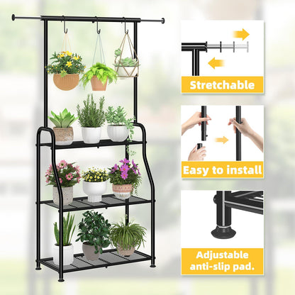Simple Trending Plant Stand Indoor Outdoor, Heavy Duty Metal 3 Tiered Hanging Plant Shelf for Multiple Flower Planter Holder Tall Large Rack for Living Room Garden Balcony, Black - CookCave