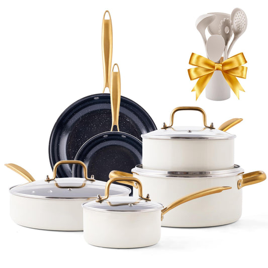 Ceramic Pots and Pans Set - Kitchen Cookware Sets Nontsick Non Toxic Cookware Set With Dutch Oven, Frying Pan, Saucepan, Sauté Pan, Cooking Utensils Set, Gold Pots and Pans for Cooking Set Gifts - CookCave