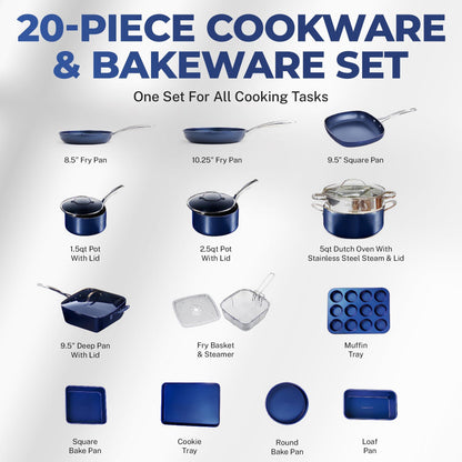 GRANITESTONE Blue 20 Piece Pots and Pans Set Nonstick Cookware Set, Complete Kitchen Cookware Set with Lids + Bakeware Reinforced with Minerals and Diamonds, Oven/Dishwasher Safe, 100% Non Toxic - CookCave
