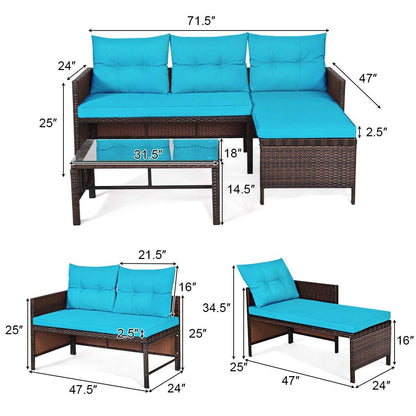 Tangkula Patio Corner Sofa Set 3 Piece, Outdoor Rattan Sofa Set, Includes Lounge Chaise, Loveseat & Coffee Table, Patio Garden Poolside Lawn Backyard Furniture (Turquoise) - CookCave