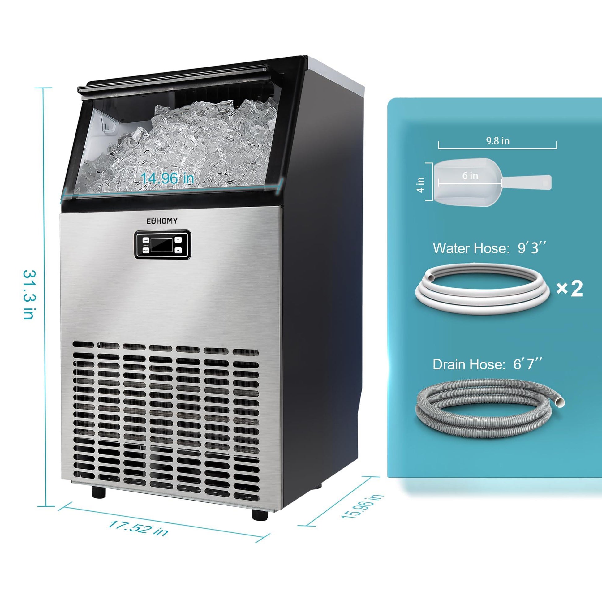 EUHOMY Commercial Ice Maker Machine, 99lbs/24H Stainless Steel Under Counter ice Machine with 33lbs Ice Storage Capacity, Freestanding Ice Maker. - CookCave