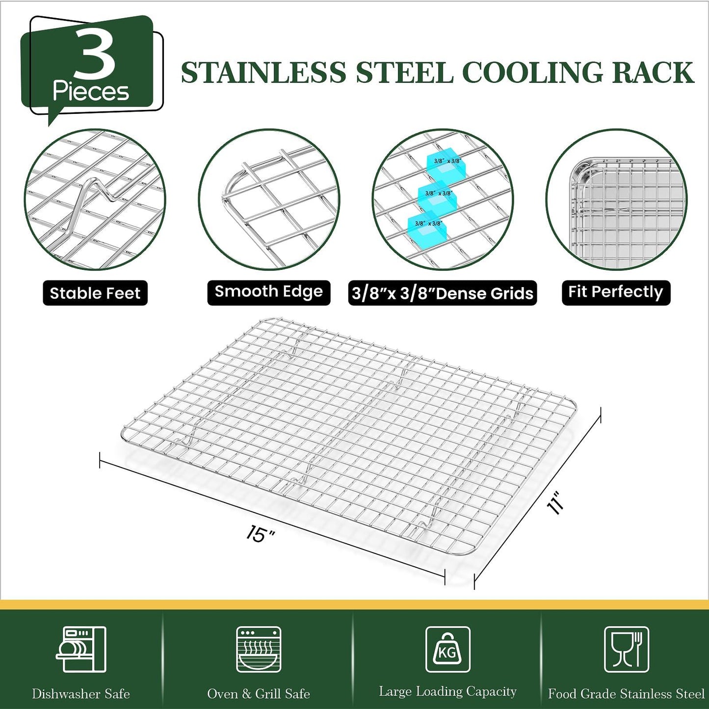 Baking Sheet with Wire Rack Set (3 Baking Pans + 3 Cooling Racks), Fire More Stainless Steel Cookie Sheets for Baking, Sheet Pan & Baking Rack Set, Nonstick & Heavy Duty & Easy Clean- 9/12/16 Inches - CookCave