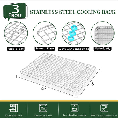 Baking Sheet with Wire Rack Set (3 Baking Pans + 3 Cooling Racks), Fire More Stainless Steel Cookie Sheets for Baking, Sheet Pan & Baking Rack Set, Nonstick & Heavy Duty & Easy Clean- 9/12/16 Inches - CookCave