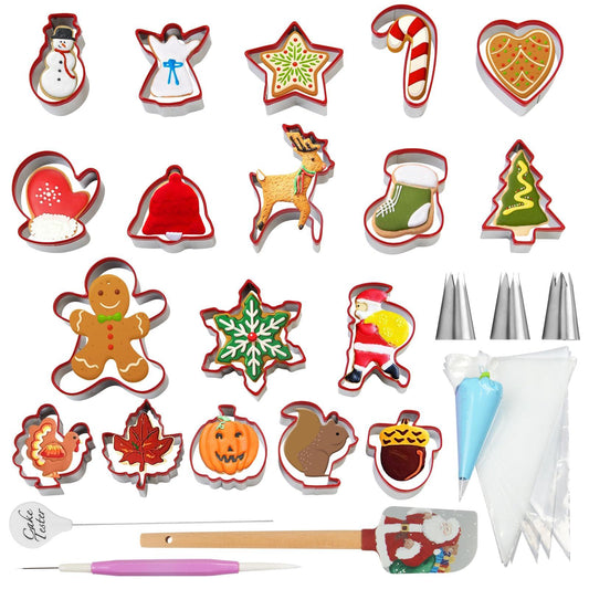 SurgeHai Fall Thanksgiving Christmas Cookie Cutter Set of 18, Bonus 50pcs Pastry Bags, 3pcs Piping Tips, 1pcs Xmas Spatula, 1pcs Cake Tester, 1pcs Sugar Stir Needle for Decorating Christmas Cookies - CookCave