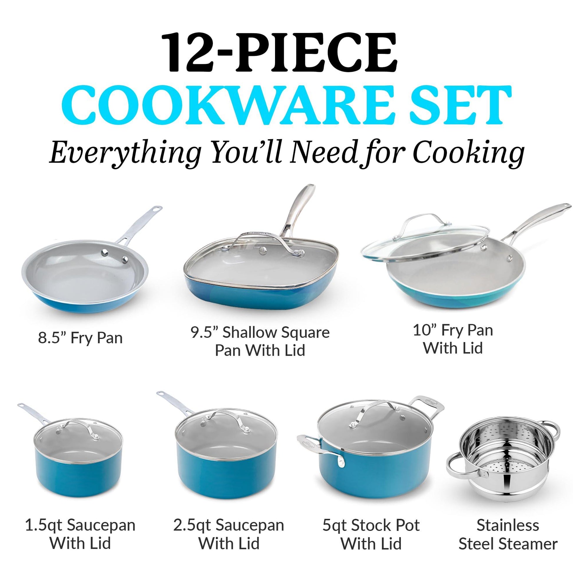 Gotham Steel Aqua Blue Pots and Pans Set, 12 Piece Nonstick Ceramic Cookware, Includes Frying Pans, Stockpots & Saucepans, Stay Cool Handles, Oven & Dishwasher Safe, 100% PFOA Free, Turquoise - CookCave