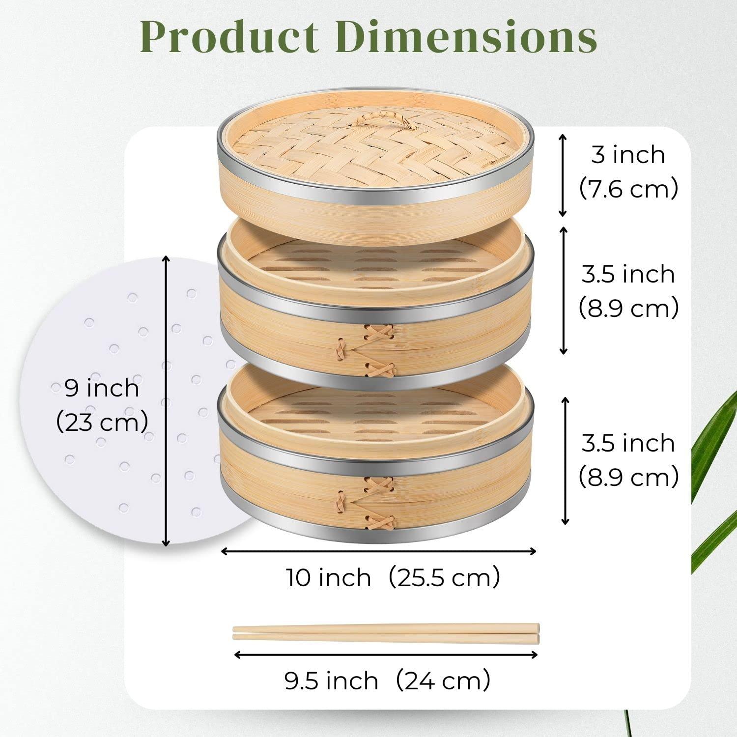 Flexzion Bamboo Steamer Basket Set (10 inch) with Stainless Steel Banding, 50 x Steamer Liners and 2 Pairs of Chopsticks, Steam Baskets for DimSum Dumplings, Rice, Vegetables, Fish and Meat - CookCave