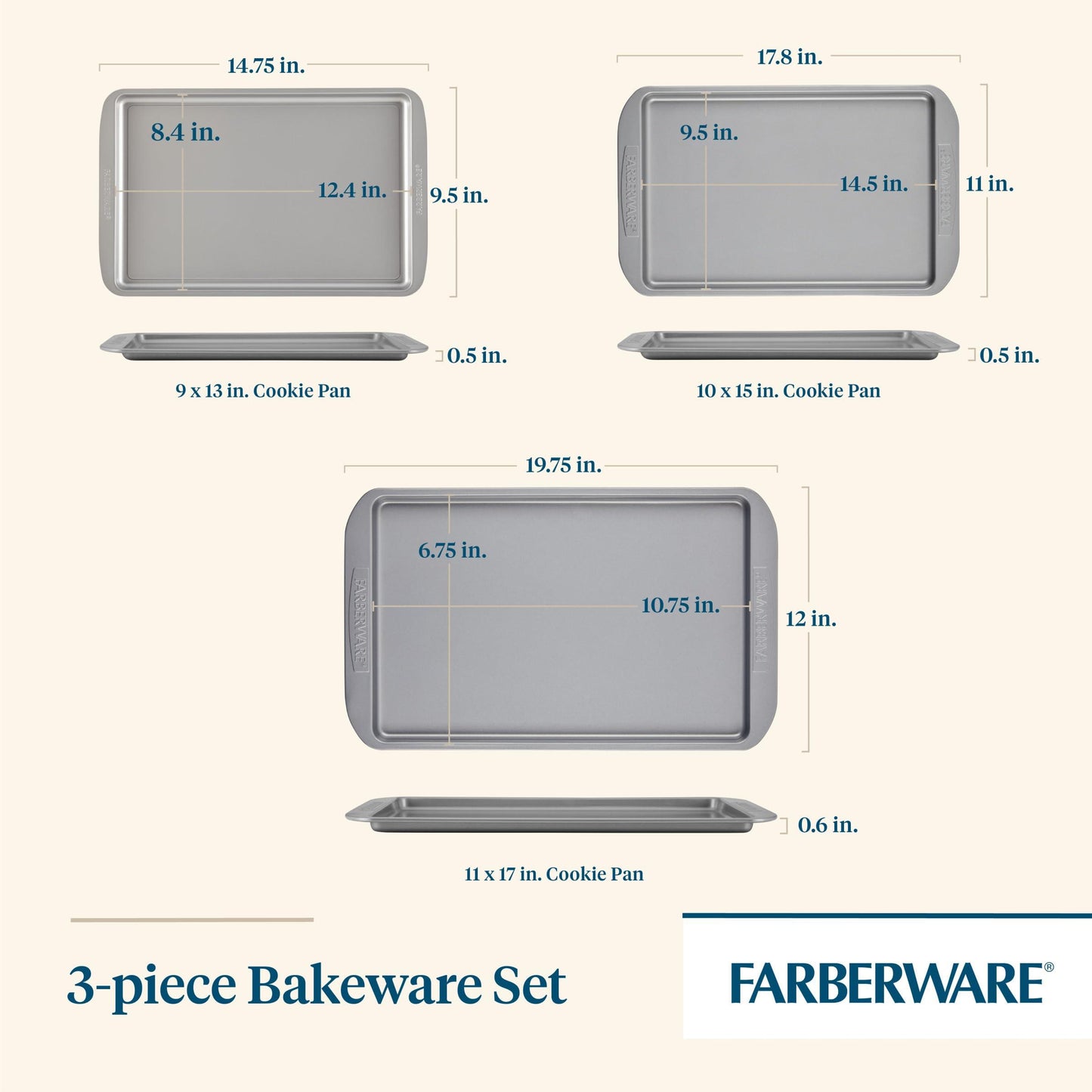 Farberware Bakeware Nonstick Cookie Baking Sheets, 3-Piece Set, Gray - CookCave