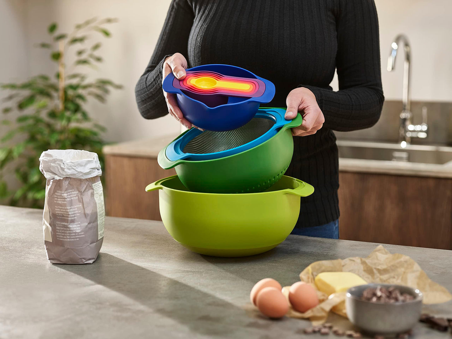 Joseph Joseph Nest 9 Plus, 9 Piece Compact Food Preparation Set with Mixing Bowls, Measuring cups, Sieve and Colander, MultiColor - CookCave