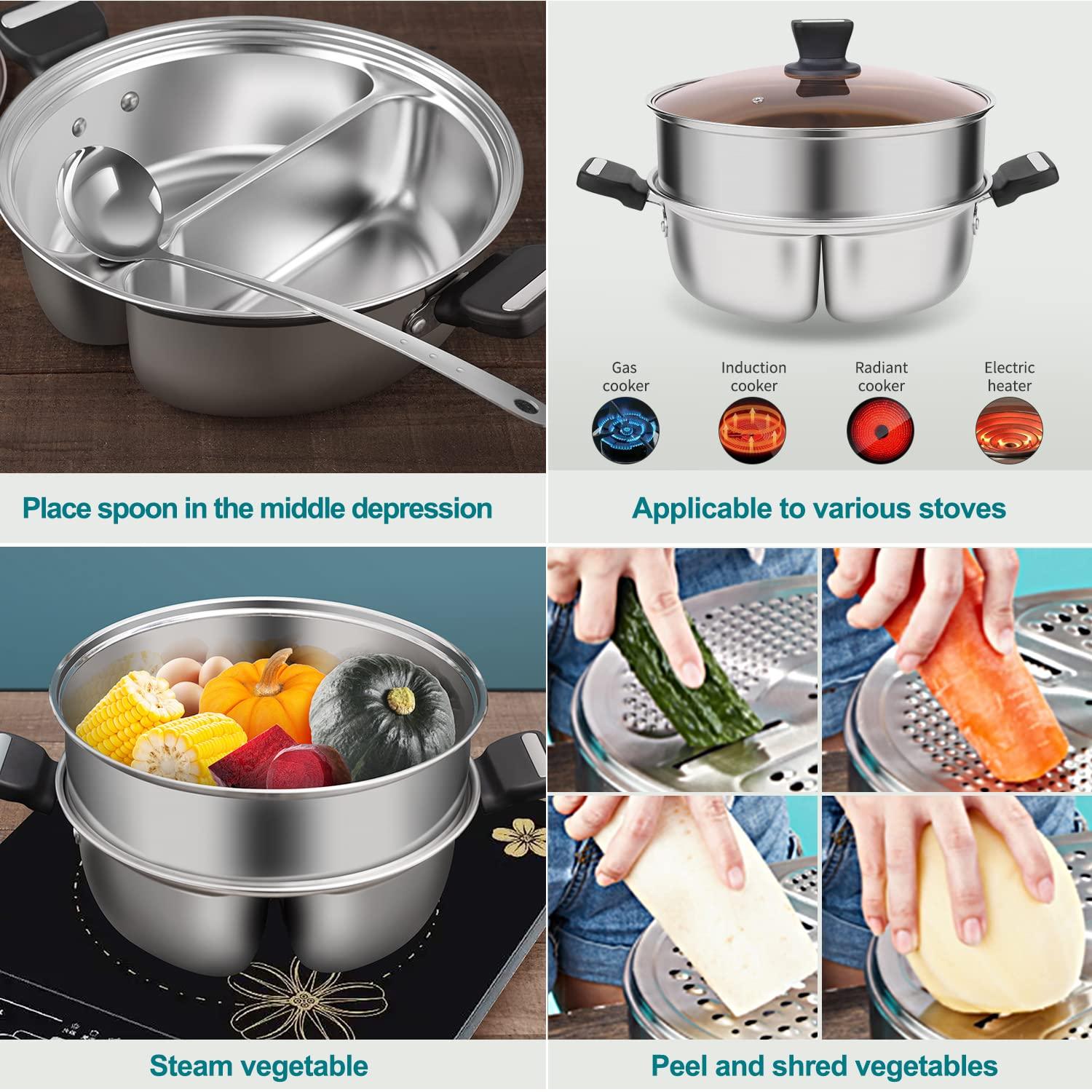 Shabu Shabu Pot, Yuanyang Pot, Weldless Pot with Steam Grill, 304 Stainless Steel Pot with Divider, Cookware with 2 Soup Ladles, 11.8 inch, 4.6 Quart, Not for Sale in China - CookCave