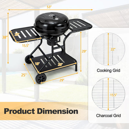 Giantex Kettle Charcoal Grill 22-Inch, Porcelain Enamel Body and Lid, 2 Side Tables with 4 Hooks, Storage Shelf, Upgraded Ash Catcher, Thermometer, Air Vents, Outdoor Cooking Barbecue Grill - CookCave