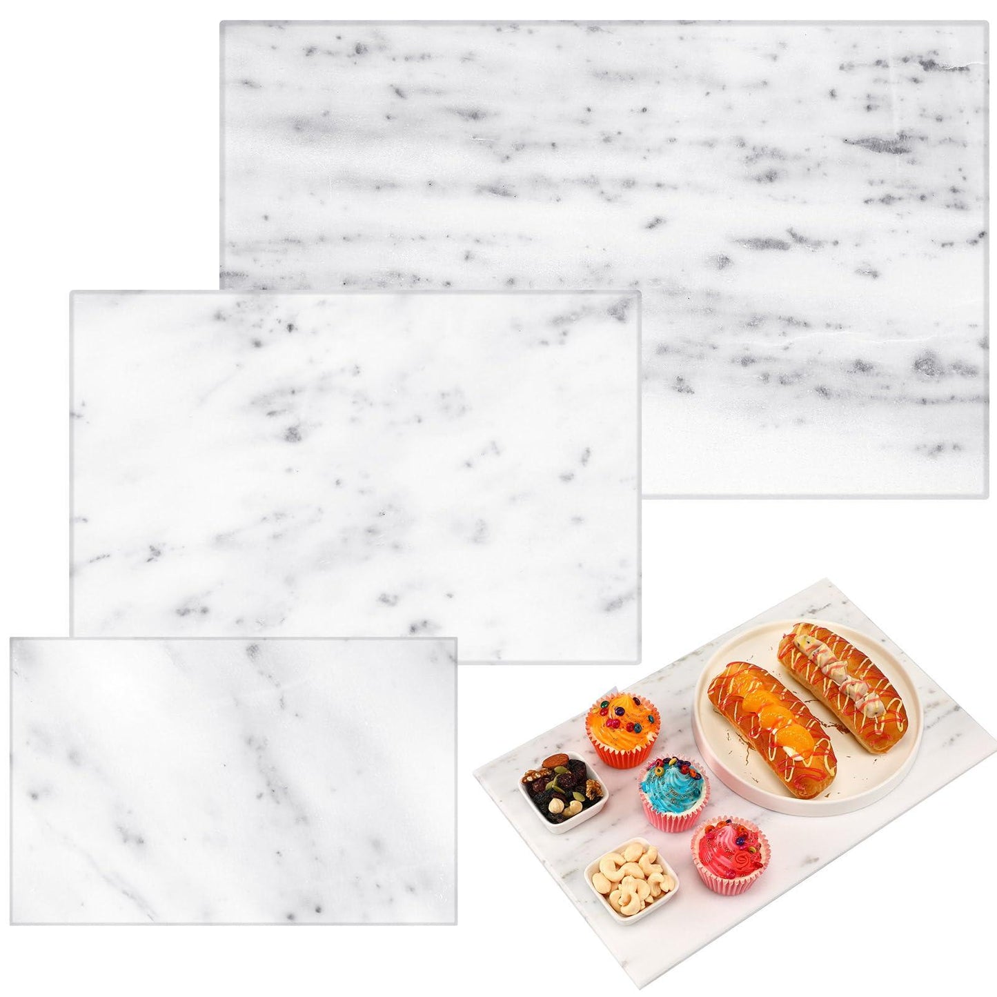 Hushee White Marble Board for Kitchen Marble Serving Tray 3 pcs Different Sizes 9 x 6'' 12 x 8'' 16 x 10'' and Non Slip Feet Pastry Cheese Tray Cutting Board for Pizza Bread Cake Baking Display - CookCave