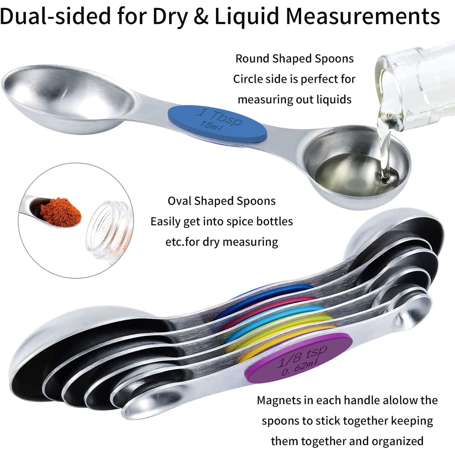 TILUCK measuring cups and magnetic measuring spoons set, stainless steel measuring cups, 6 double-sided stainless steel measuring spoons & 1 leveler - CookCave