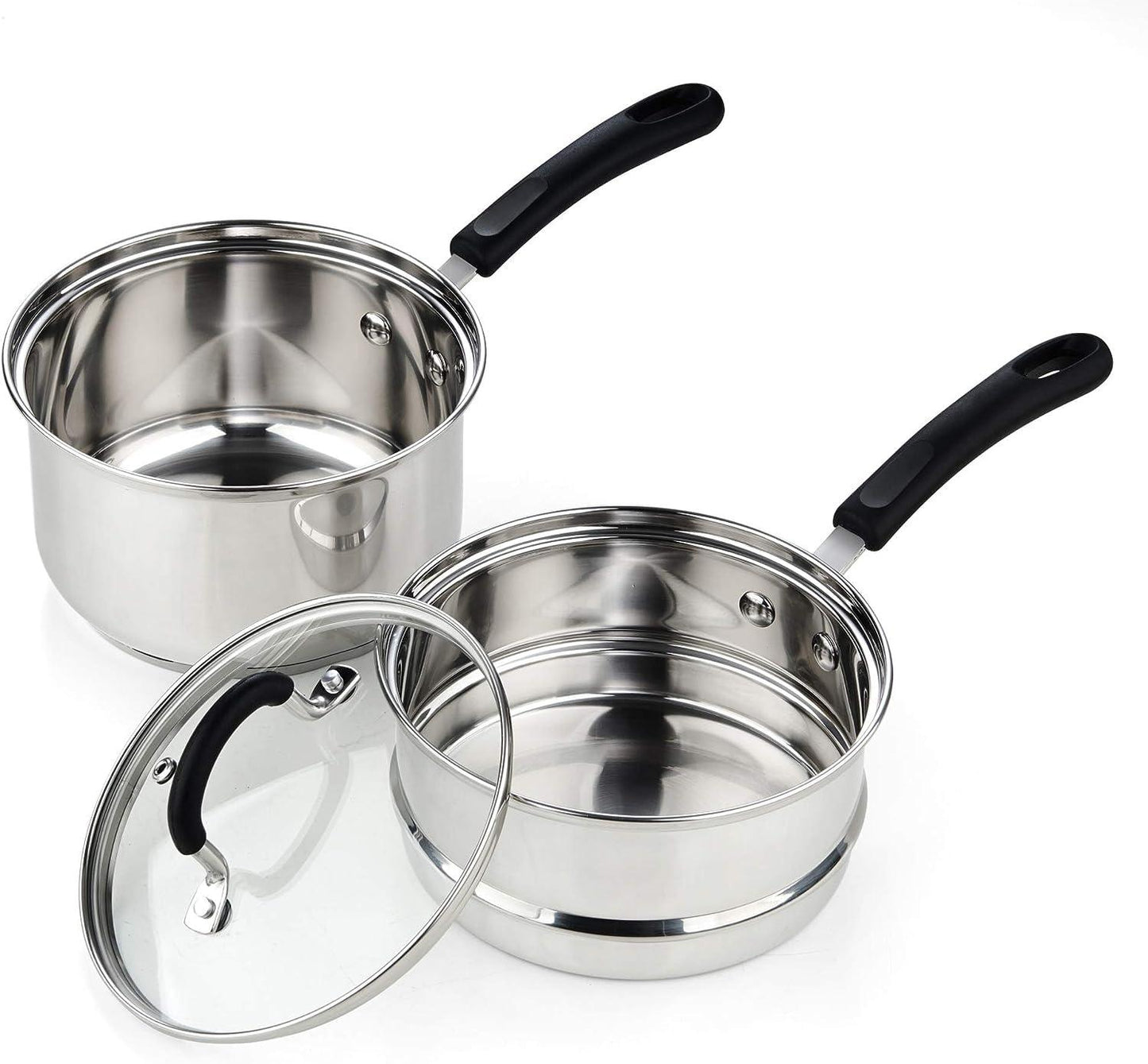 Cook N Home 02655 Professional Double Boiler Saucepan 2-Quart, 18-10 Stainless Steel Steam Melting Pot for Butter Chocolate Cheese, Tempered Glass Lid, Silver - CookCave