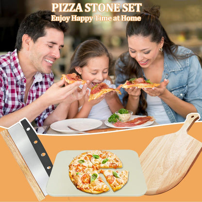 4PCS Large Pizza Stone Set for Oven and Grill, 15" Rectangle Cordierite Stone with Pizza Peel(OAK) & Pizza Cutter & 20pcs Cooking Paper, Baking Stone for Pizza and Bread - CookCave