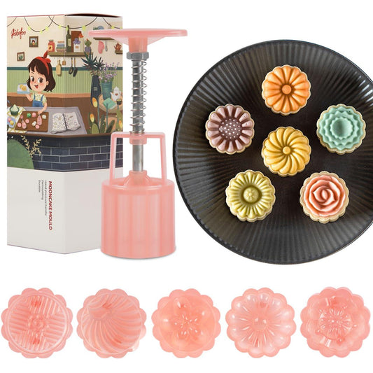 AIKEFOO Cookie press mold Chinese Traditional Mid-Autumn Mooncake Mold Set.5 Pcs Mode Pattern for 1 Sets 50g Different Round Flower Patterns Are Used For Homemade Biscuit Stamping Machine Cake Cutter. - CookCave