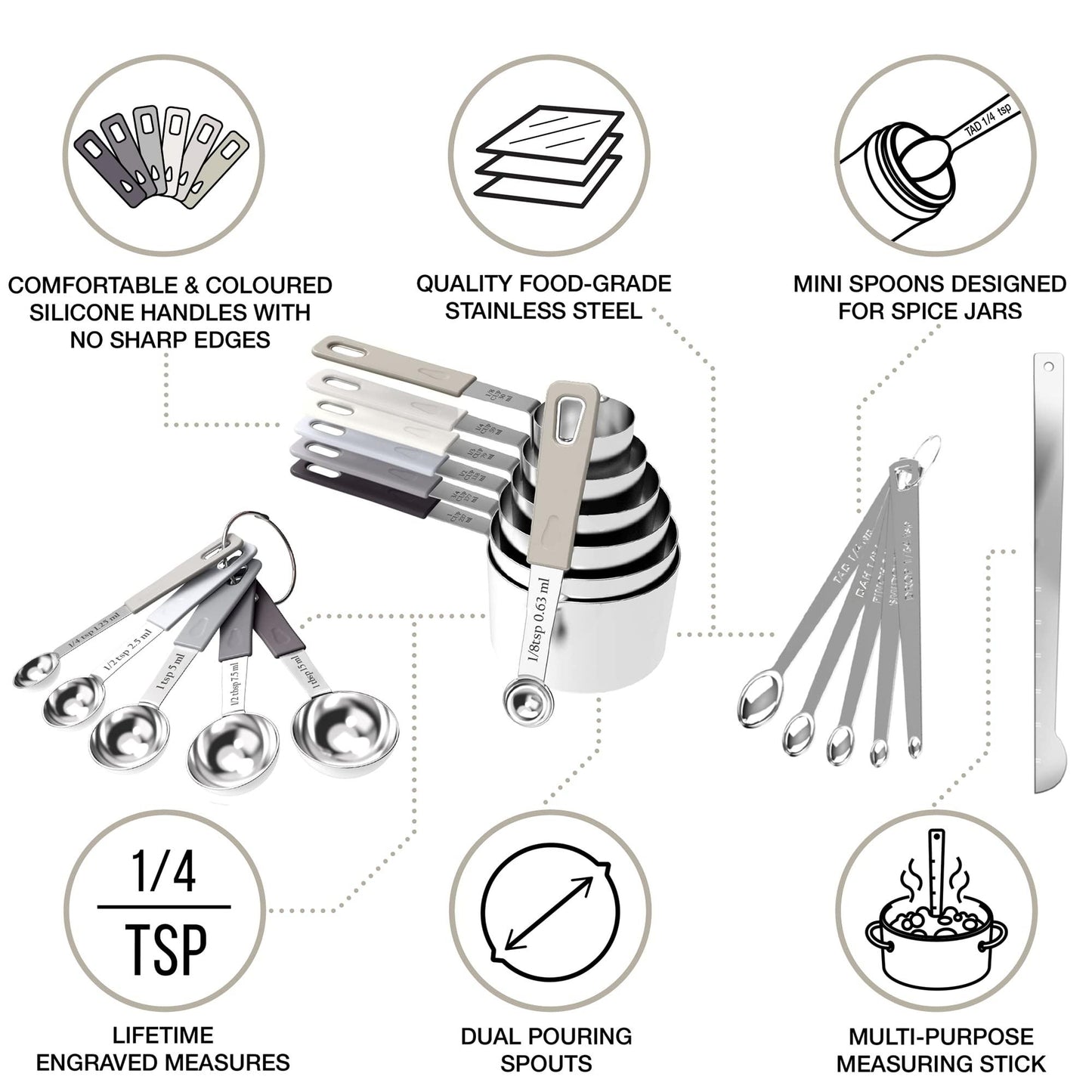 CuttleLab 22-Piece Stainless Steel Measuring Cups and Spoons Set, Tad Dash Pinch Smidgen Drop Mini Measuring Spoons, Measuring Stick Leveler, Measurement Conversion Chart Fridge Magnet, (Charcoal) - CookCave
