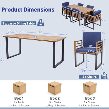 Tangkula 7 Piece Patio Dining Set, Acacia Wood Dining Chair & Table Set, 69” Spacious Tabletop with Umbrella Hole, Heavy-Duty Metal Support, Dining Set for Backyard, Poolside (Navy) - CookCave