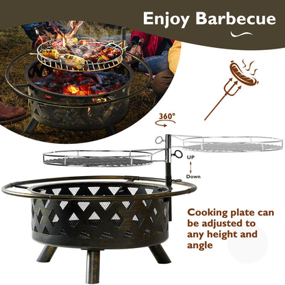 Aoxun 2 in 1 Fire Pit 36'' with Cooking Grill,Outdoor Wood Burning Fire Pit for Backyard Bonfire Patio,Outside-Steel BBQ Grill Firepit Bowl with Cover & Fire Poker - CookCave