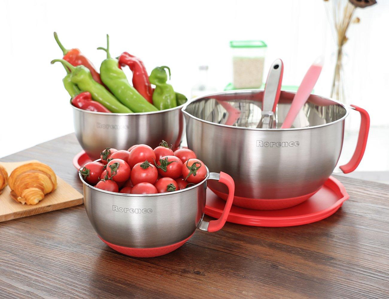 Rorence Mixing Bowls with Lids Set: Stainless Steel Mixing Bowls with Handles, Non-Slip Bottom & Pour Spout - Red, 3 quarts - CookCave