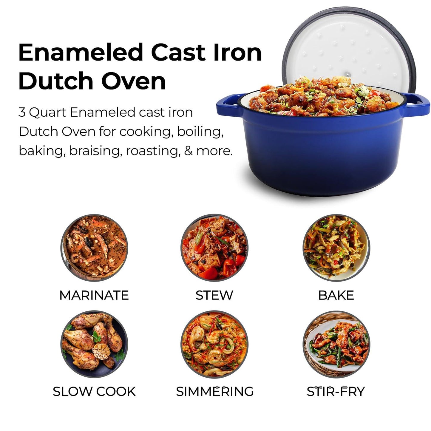 Healthy Choices 3 Qt Enameled Cast Iron Dutch Oven Pot with Lid, Small Blue Dutch Oven for Bread Baking, Ideal for Family of 4, Wedding Registry Ideas,Even Heat Distribution, All Cooktops - Upto 500°F - CookCave