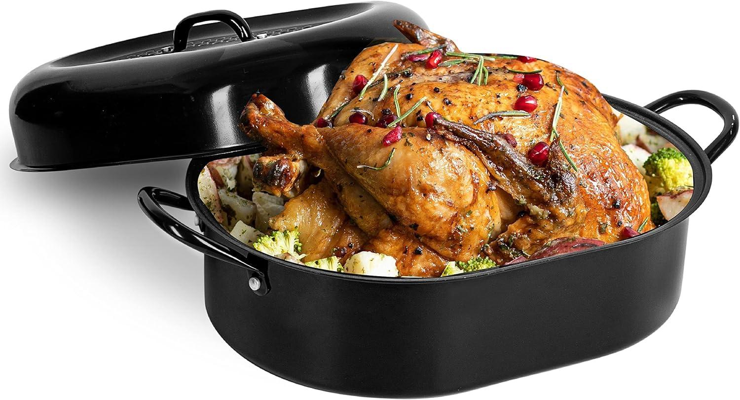 Granitestone 18.8 Inch XL Turkey Roaster Pan with Lid - Ultra Nonstick Turkey Pan for Oven with Grooved Bottom for Basting, Large Roasting Pan for Oven Serves 6-12 People, Dishwasher Safe, PFOA Free - CookCave