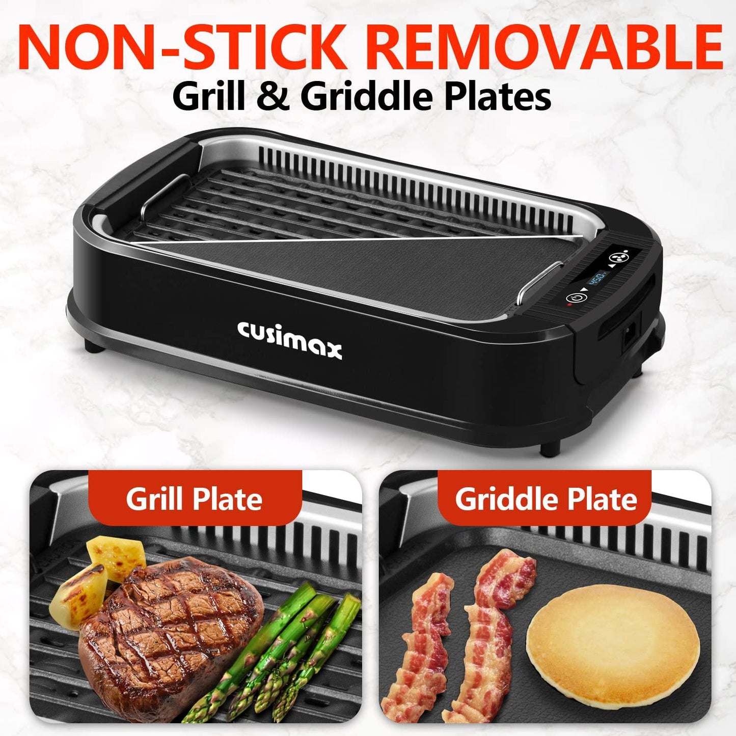 Indoor Grill, CUSIMAX Smokeless Grill Indoor, 1500W Electric Grill Griddle Korean BBQ Grill with LED Smart Display & Tempered Glass Lid, Non-stick Removable Grill Plate & Griddle Plate, Black - CookCave