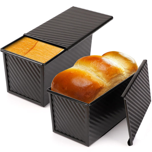 Beasea Pullman Loaf Pan with Lid, 2 Pack Non-Stick Black Bread Pan 1 lb Carbon Steel Bread Toast Box Mold with Cover for Bakeware Bread, Baking Tools Bread Toast Pan Oven Baking - CookCave