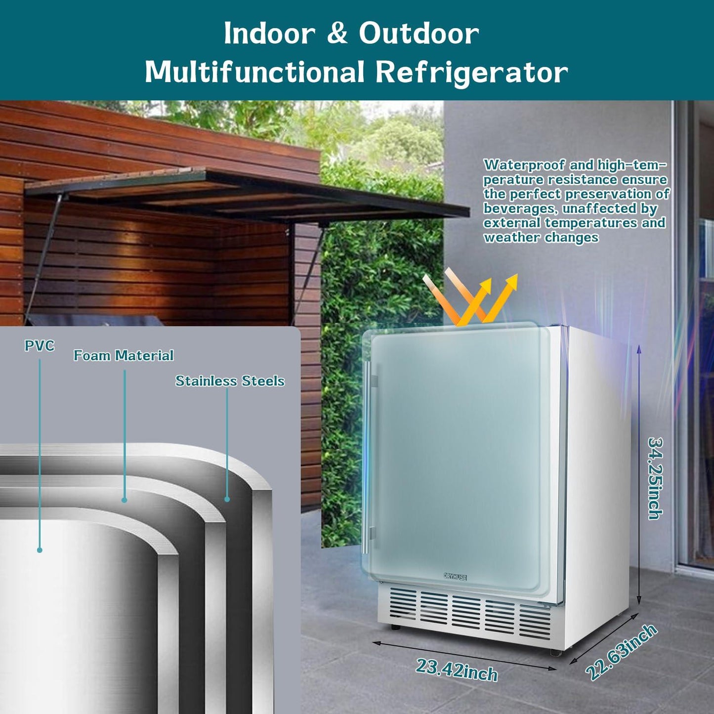 ORYMUSE Outdoor Refrigerator, 24 Inch Undercounter Outdoor Beverage Cooler Fridge with Stainless Steel Seamless Door Can Hold 180 Cans w/Powerful Cooling Compressor for Patio Kitchen and Commercial - CookCave