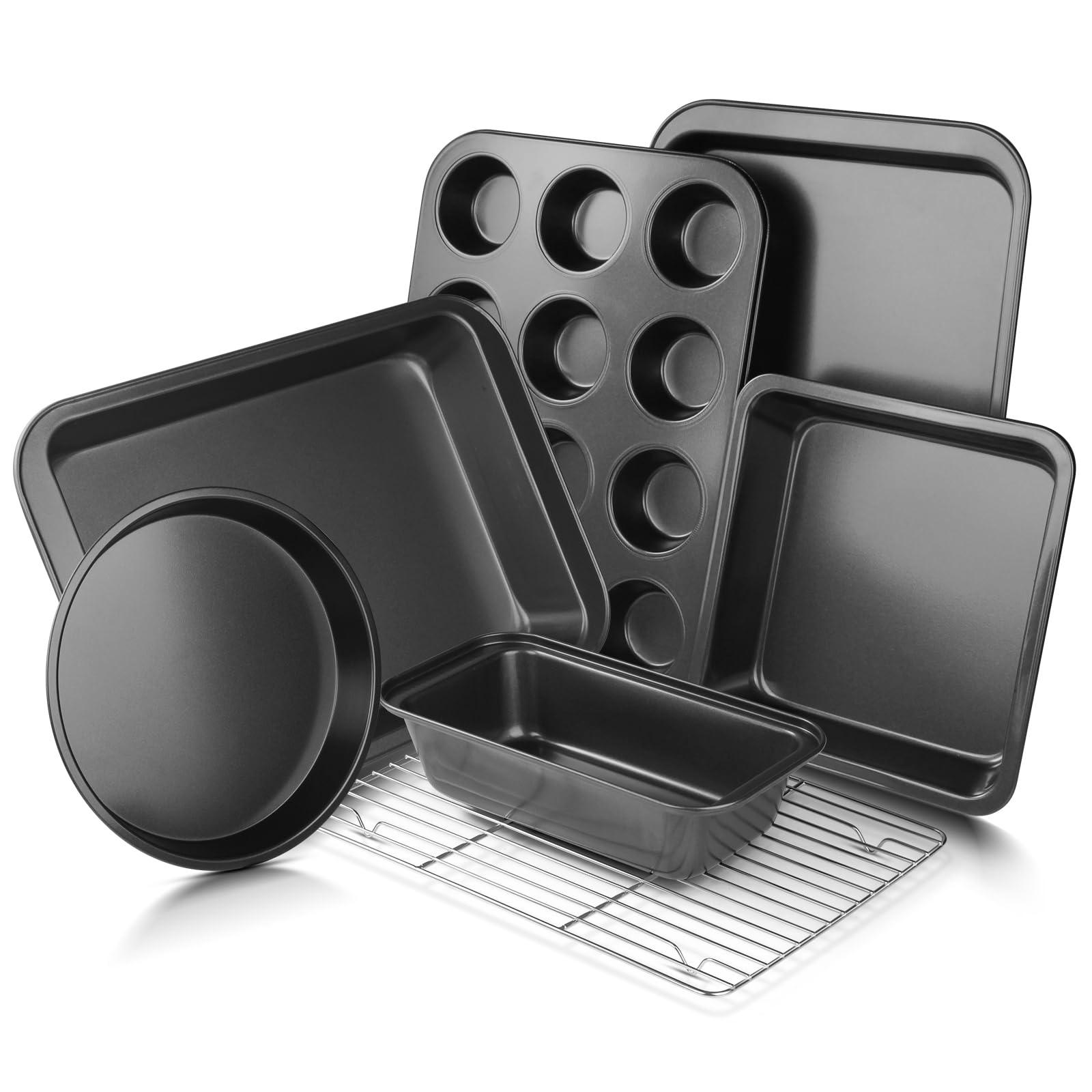 EWFEN Bakeware Sets, Baking Pans Set, Nonstick Oven Pan for Kitchen with Wider Grips, 7-Piece with Round/Square Cake Pan, Loaf Pan, Muffin Pan, Cookie Sheet, Roast Pan, Cooling Rack, Carbon Steel Bake - CookCave