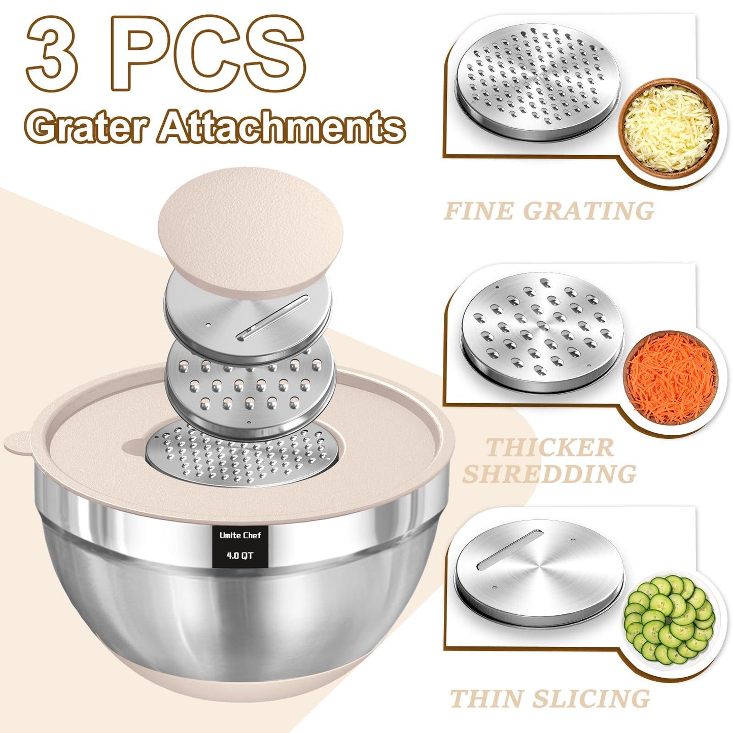 Umite Chef Mixing Bowls with Airtight Lids Set, 8PCS Stainless Steel Khaki Nesting Bowls with Grater Attachments, Kitchen Bowls with Non-Slip Bottoms, Size 5, 4, 3.5, 2, 1.5QT for Mixing & Serving - CookCave