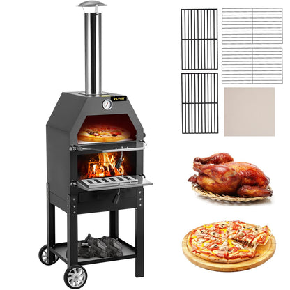 VEVOR Outdoor Pizza Oven, 12" Wood Fire Oven, 2-Layer Pizza Oven Wood Fired, Wood Burning Outdoor Pizza Oven with 2 Removable Wheels, 700℉ Max Temperature Wood Fired Pizza Maker Ovens for Barbecue - CookCave