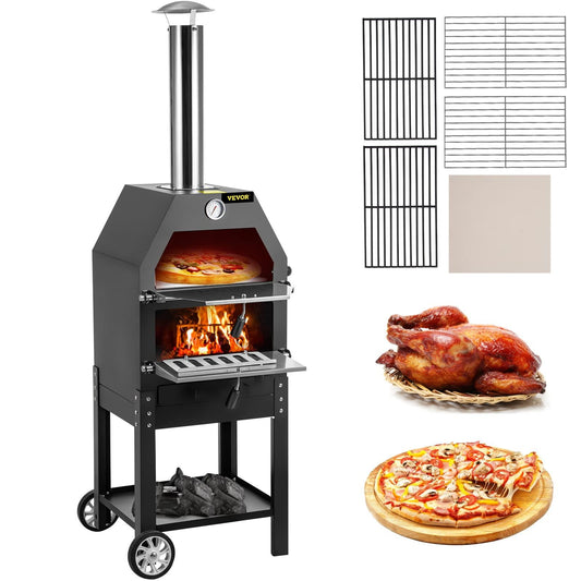 VEVOR Outdoor Pizza Oven, 12" Wood Fire Oven, 2-Layer Pizza Oven Wood Fired, Wood Burning Outdoor Pizza Oven with 2 Removable Wheels, 700℉ Max Temperature Wood Fired Pizza Maker Ovens for Barbecue - CookCave