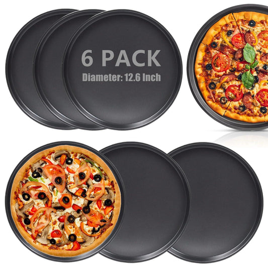 RHBLME 6 Pack Round Pizza Pan, 12.6 Inch Black Pizza Pan for Oven Non Stick Pizza Pan, Reusable Pizza Oven Tray Bakeware Pizza Tray for Restaurant Kitchen, Easy to Clean & Dishwasher Safe - CookCave