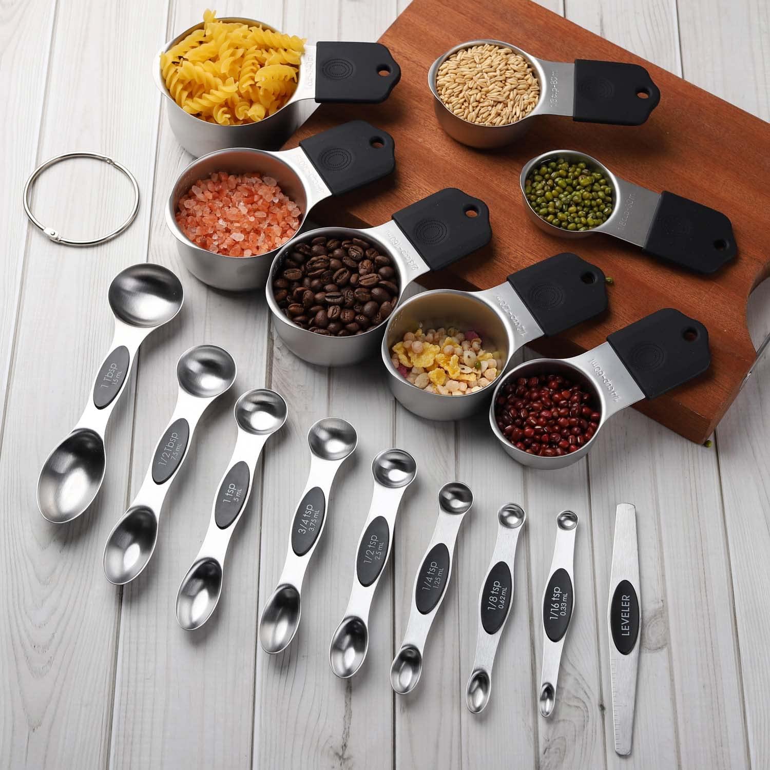 Magnetic Measuring Cups and Spoons Set Including 7 Stainless Steel Stackable Measuring Cup 8 Double Sided Magnetic Measuring Spoons with 1 Leveler for Dry and Liquid Ingredients (black) - CookCave