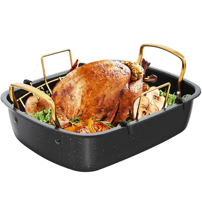 Slow Slog Roasting Pan, 17 Inch x 13 Inch Roaster with Removable Rack, Nonstick Roaster Pan for Roasting Turkey, Meat & Vegetables (Gold) - CookCave