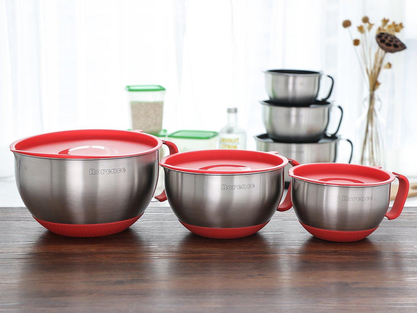 Rorence Mixing Bowls with Lids Set: Stainless Steel Mixing Bowls with Handles, Non-Slip Bottom & Pour Spout - Red, 3 quarts - CookCave